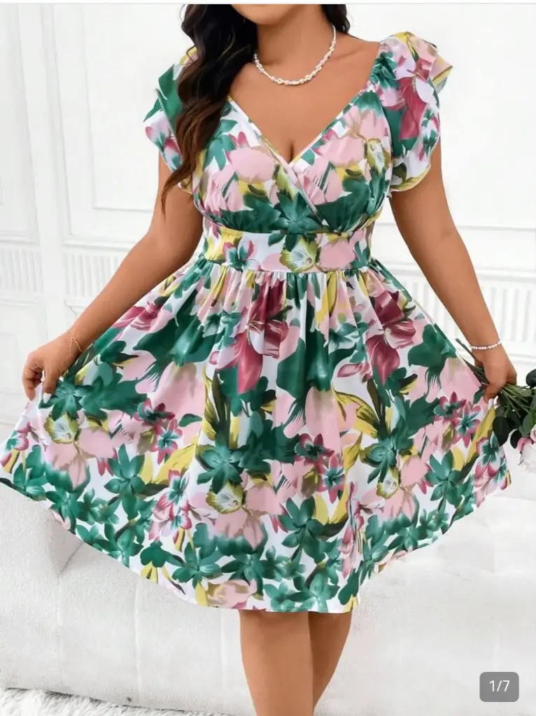 Vestido casual flores cuello V