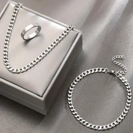 Conjunto de 3 piezas, joyería unisex, pulsera de cadena informal de moda, collar y anillo, perfecto para el uso diario, fiestas y ocasiones festivas, caja no incluida.